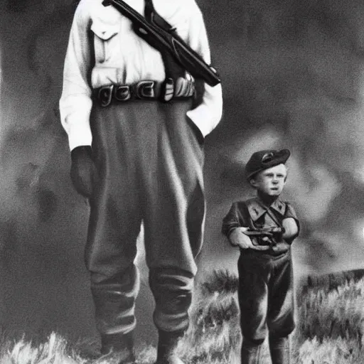 Image similar to blacka nd white old photograph of a farm boy holding a gun pointing at adolf hitler realism, 4 k, award winning photograph