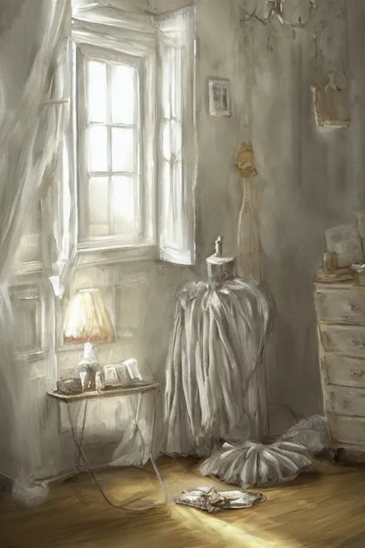 Prompt: shabby chic dressing room, vanilla colored lighting, soft painted room, wood floor, yellow lighting bare room, empty room, studio room, window to night time, warm lighting inside, by artgerm