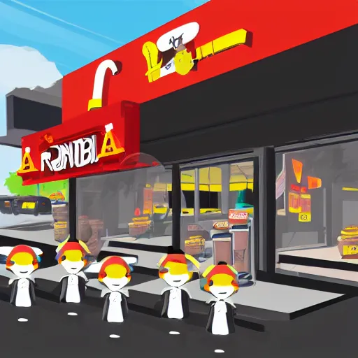 Image similar to a fast food restaurant runned by cute tiny robots, digital art