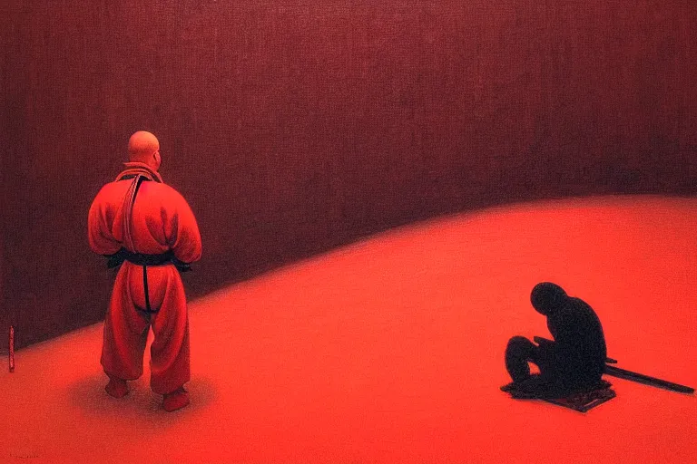 Image similar to only with red, a red samurai do seppuku, tokio, a lot of frogs watch, in the style of beksinski, parts by edward hopper, parts by rodcenko, parts by yue minjun, intricate and epic composition, red by caravaggio, insanely quality, highly detailed, masterpiece, red light, artstation, 4 k