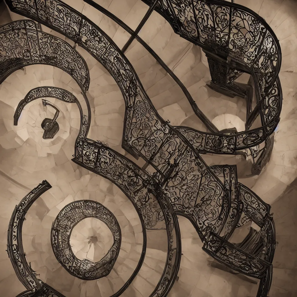 Prompt: a realistic art - nouveau spiral staircase. dark stairs. tall building, seen from the top. realistic shadows. detailed, octane render, hyperrealistic, very coherent, hyper realism, high detail, octane render, 8 k