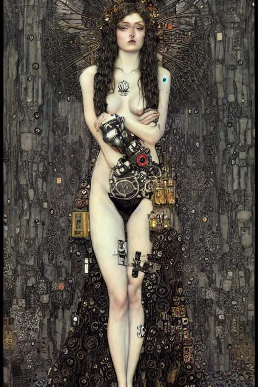 Image similar to beautiful young gothic maiden, cyberpunk, highly detailed, artstation, illustration, art by Gustav Klimt