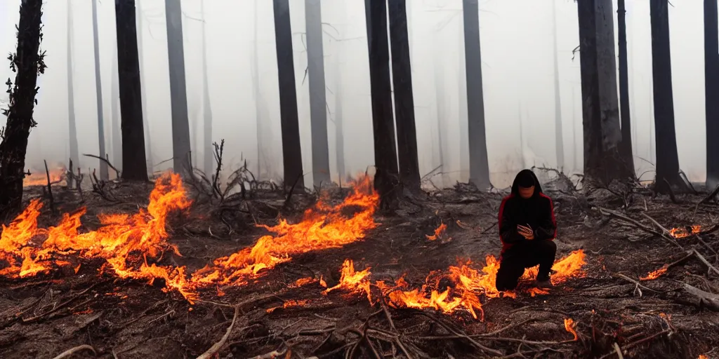 Prompt: a person kneeling on the ground and covering their face in front of a burning forest, sad atmosphere, bleak
