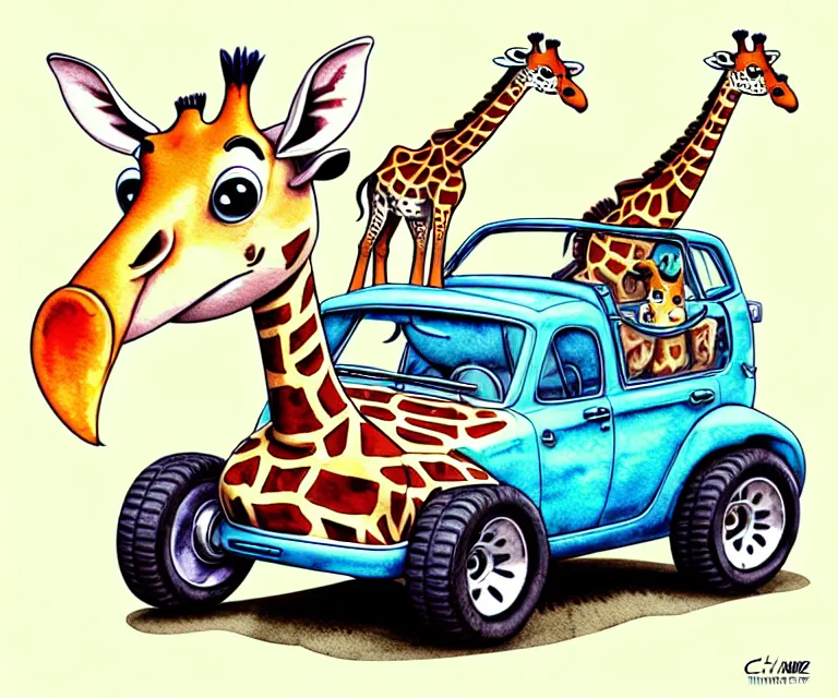 Image similar to cute and funny, giraffe riding in a tiny hot rod with oversized engine, ratfink style by ed roth, centered award winning watercolor pen illustration, isometric illustration by chihiro iwasaki, edited by range murata, tiny details by artgerm and watercolor girl, symmetrically isometrically centered, focused