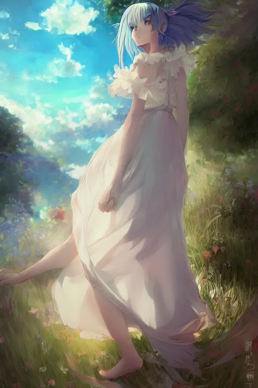 Image similar to anime girl with white hair wearing a sundress, anime style, fantasy art, digital drawing, by makoto shinkai, by wenjun lin