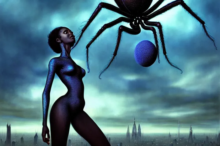 Prompt: realistic detailed photorealistic film portrait shot of a beautiful black woman with a giant spider, sci-fi city landscape background by Denis Villeneuve, Amano, Yves Tanguy, Alphonse Mucha, Ernst Haeckel, Andrei Tarkovsky, Edward Robert Hughes, Roger Dean, necklace, dynamic pose, rich moody colours, wide angle, blue eyes