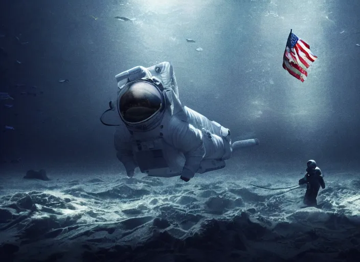 Image similar to astronaut underwater putting a flag in the sand of the bottom of the ocean. a submarine is visible in the distance. dark, concept art, cinematic, dramatic, atmospheric, 8 k, trending on artstation, low visibility, fog, ocean floor, christopher nolan, interstellar