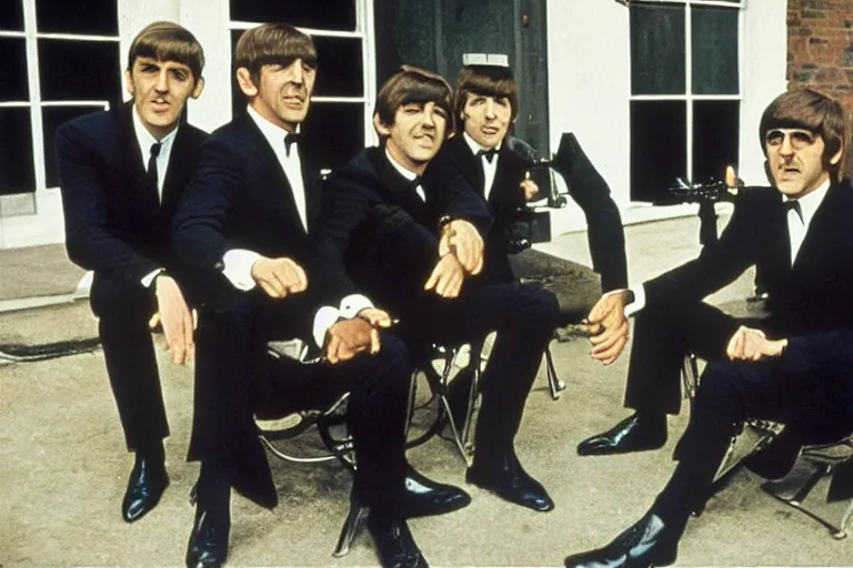 Prompt: james bond and the beatles, color photograph, 1 9 6 0 s