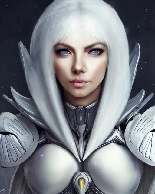 Image similar to perfect white haired attractive egyptian goddess with huge white dove wings, warframe armor, beautiful, symmetric, dreamy, half asian, pretty face, blue eyes, detailed, scifi platform, laboratory, charlize theron, 4 k, ultra realistic, epic lighting, android body, illuminated, cinematic, masterpiece, art by akihito tsukushi, voidstar