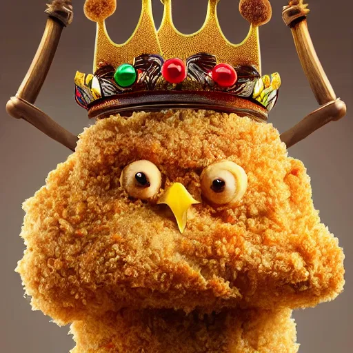 Image similar to standing breaded chicken with a crown of a king in top of it, holding a king staff, hyper realistic, 4k