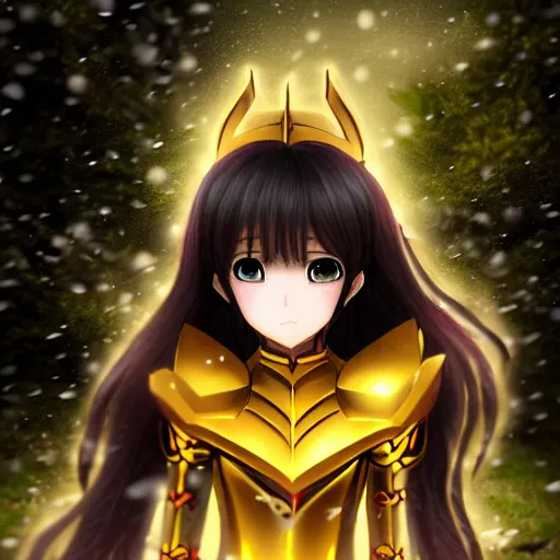 Prompt: focus face portrait of beautiful darkness knight 3D anime girl, golden armor wearing, dark forest background, snowing, bokeh, inspired by Masami Kurumada, digital painting, high contrast, unreal engine render, volumetric lighting, high détail