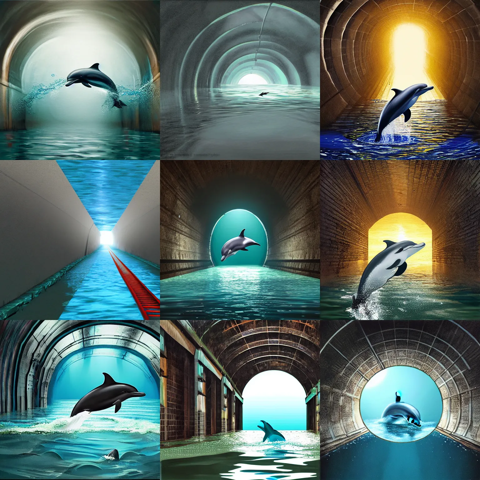 Prompt: a dolphin swimming in a flooded railway tunnel, single - point - perspective, ultra - realistic, photorealistic, painting, volumetric lighting