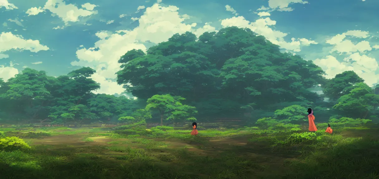 Image similar to vivid anime indonesian landscape by makoto shinkai, beautiful, gorgeous, dramatic lighting, rule of thirds, perfect composition, trending on ArtStation, 8k