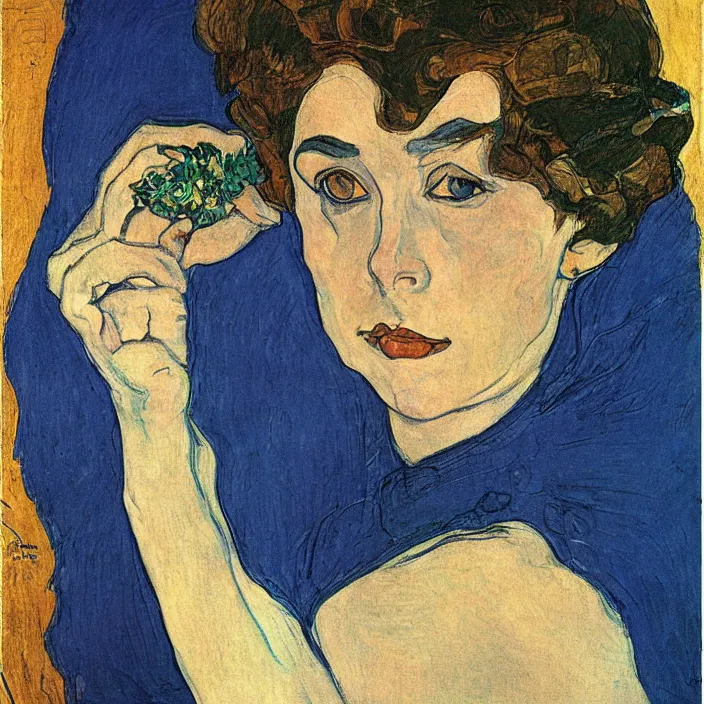 Image similar to portrait of a woman with iris. indigo blue. henri de toulouse - lautrec, egon schiele