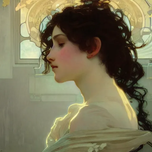 Image similar to A dreamy sleepy young woman with very short dark curly hair, portrait art by alphonse mucha and greg rutkowski, highly detailed, digital painting, concept art, illustration, dim lighting with twilight rays of sunlight coming through the window with closed shutters, trending on artstation, very detailed, smooth, sharp focus, octane render