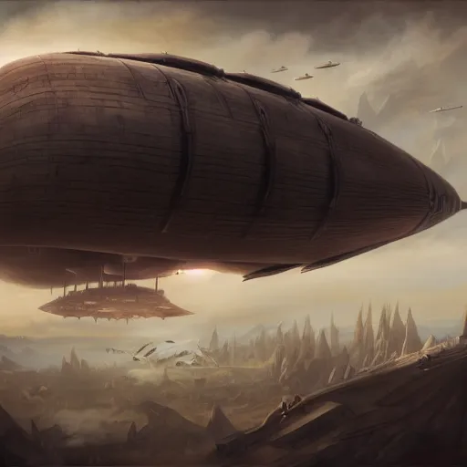 Image similar to a brutalist painting of a large steampunk airship fighting another airship in the sky, by charlie bowater, 4 k