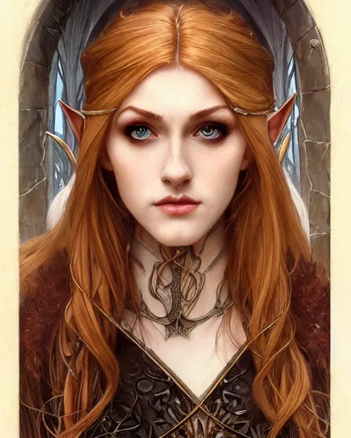 Image similar to portrait of katherine mcnamara elven mage, dark, piercing eyes, gentle expression, elegant clothing, photorealistic, highly detailed, artstation, smooth, sharp focus, art by michael whelan, artgerm, greg rutkowski and alphonse mucha