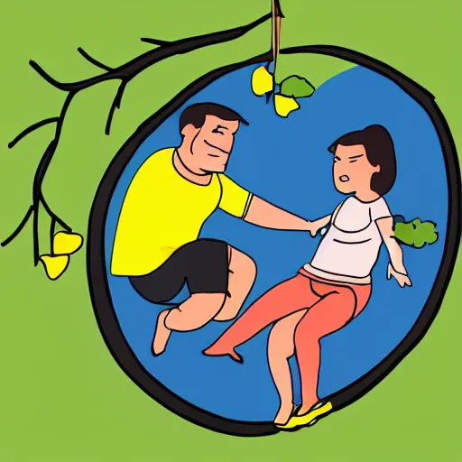 Image similar to a cartoon illustration of mom dad and kid who are shaped like a circle, pushing their kid on a tree swing. bold colors, indigo, mustardy yellow, pea green