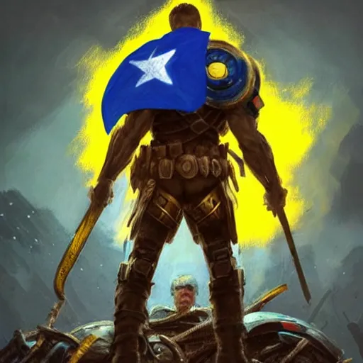 Prompt: a distant full body shot from behind of a super soldier with a yellow and blue flag on his shoulders standing on a pile of skulls in triumph after battle, western, D&D, fantasy, intricate, elegant, highly detailed, digital painting, artstation, concept art, matte, sharp focus, symmetrical, illustration, art by Artgerm and Greg Rutkowski and Alphonse Mucha