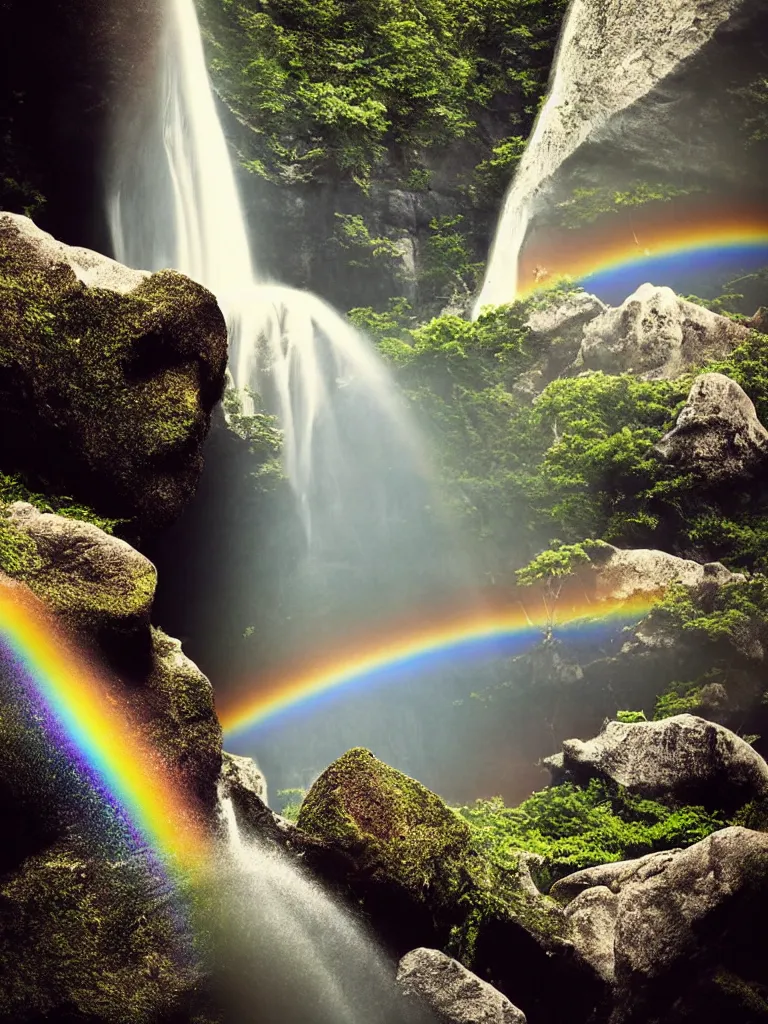 Image similar to poster art of waterfall cascading onto rocks, small rainbow emerging in background, ethereal, beautiful scenery, intricately meticulously detailed, amazing, glitter, 8 k render octane high definition