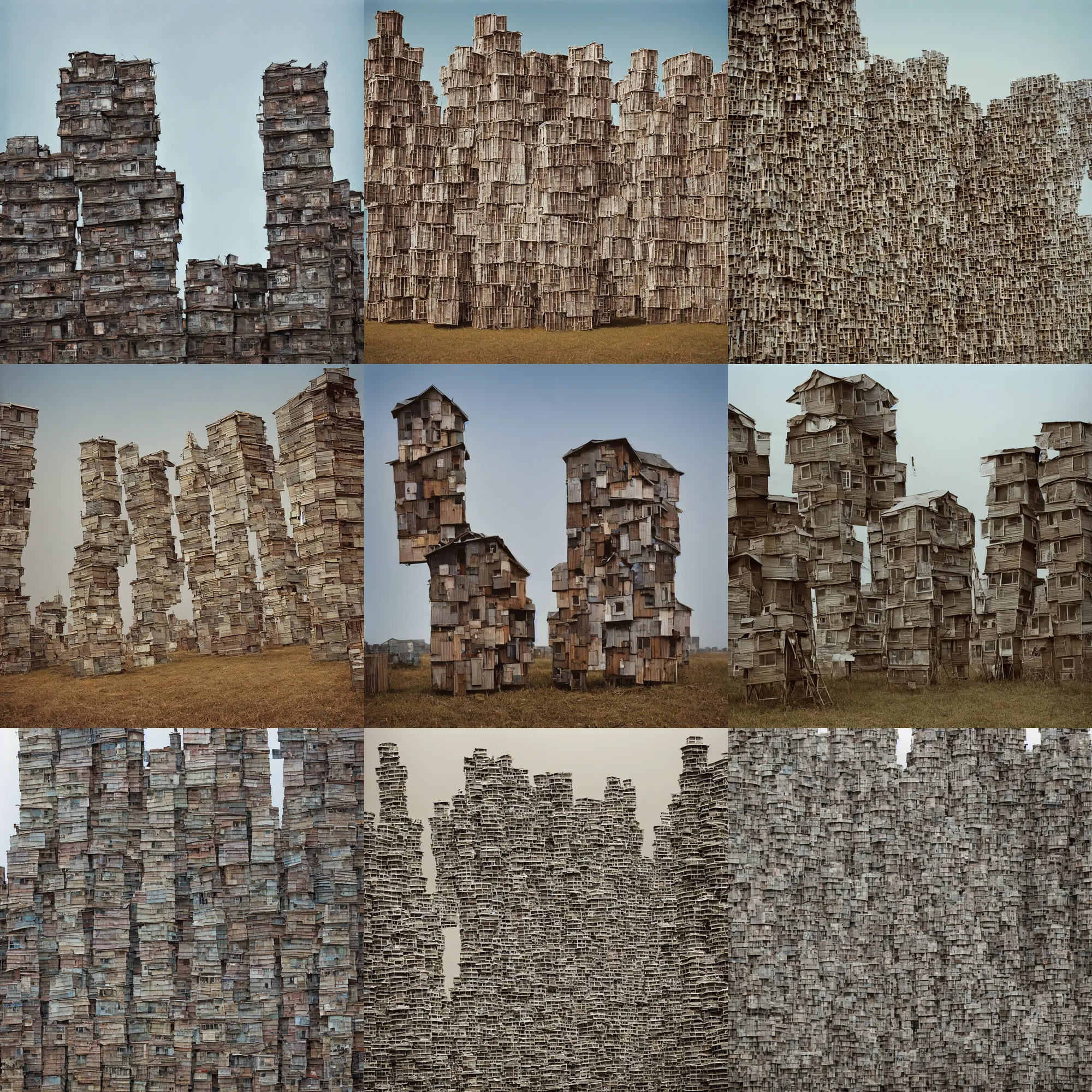 Prompt: close - up view of towers, made up of stacked makeshift squatter shacks with faded colours, plain uniform sky at the back, misty, mamiya, ultra sharp, very detailed, photographed by julie blackmon