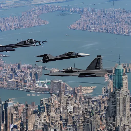 Prompt: two fighter Jets fighting, missles flying, over new York city, war on the ground, super detailed