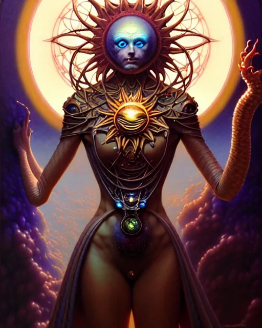 Prompt: the sun, tarot card, fantasy character portrait made of fractals, ultra realistic, wide angle, intricate details, the fifth element artifacts, highly detailed by peter mohrbacher, hajime sorayama, wayne barlowe, boris vallejo, aaron horkey, gaston bussiere, craig mullins