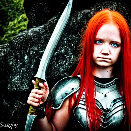 Image similar to north girl, warrior, red hair, fantasy, high detailed, photography, cloudy, lightweight armor, Scandinavia, plain, Authentic, detailed face, spear in hand