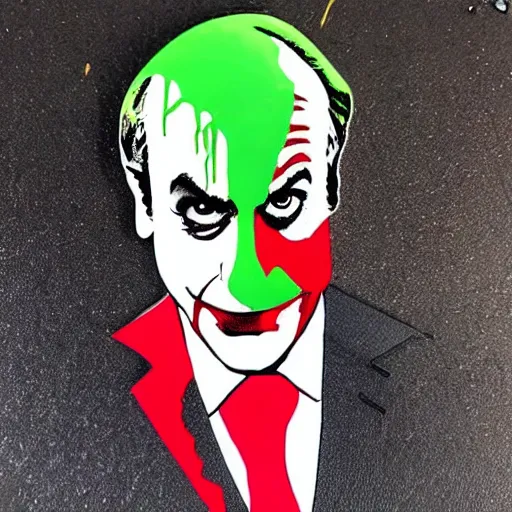 Prompt: die cut sticker, saul goodman wearing the joker suit, splatter paint