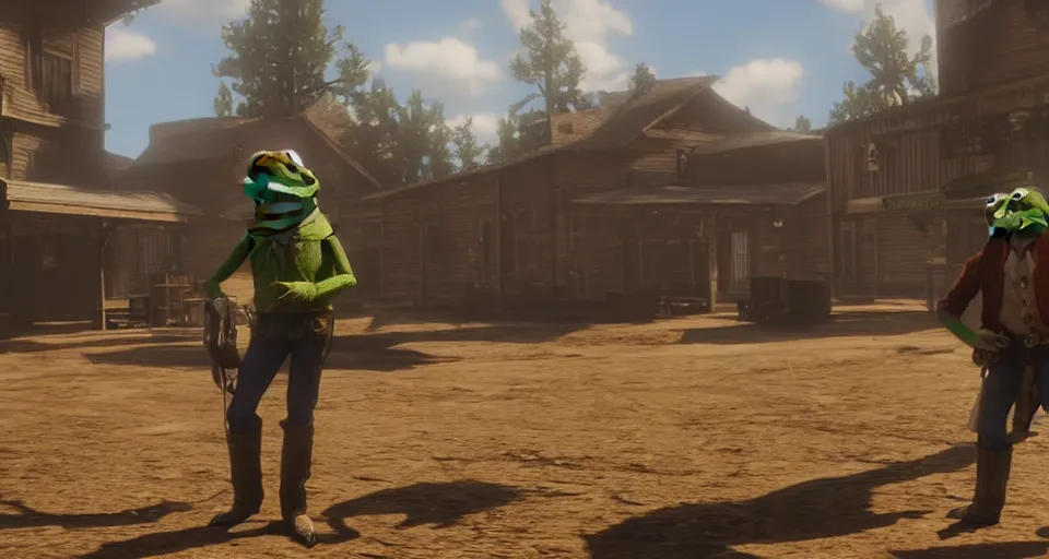 Image similar to Screenshot of Kermit the Frog as a 3d cowboy in full cowboy attire in the videogame 'Red Dead Redemption 2'. Sharpened. 1080p. High-res. Ultra graphical settings.