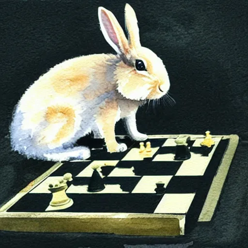 Prompt: a surprised rabbit sitting behind a chessboard, realistic watercolour