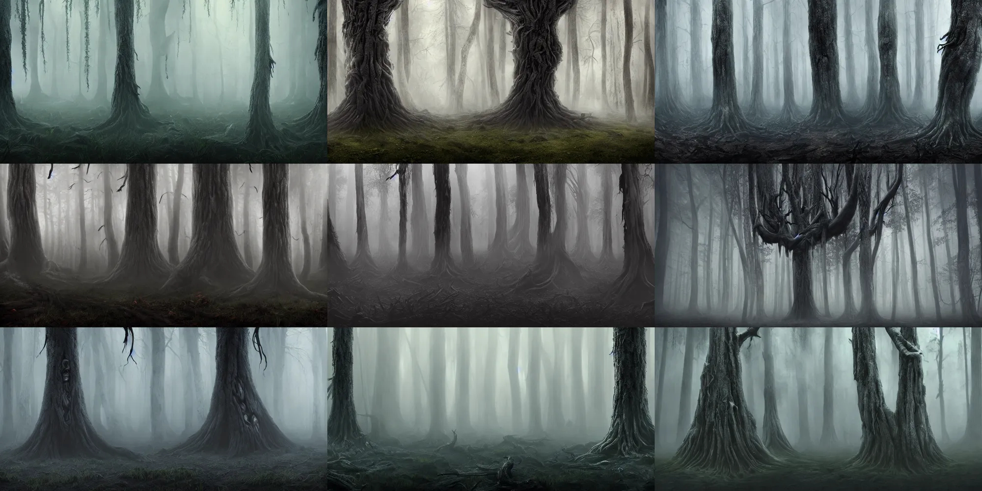 Prompt: dark forest shrouded in mist, a tree with mist dripping off it, screaming face on tree trunk with fangs, tree bark shaped like a mass of human bodies, forbearing, oppressive, epic composition, digital art, concept art, 4 k, highly detailed