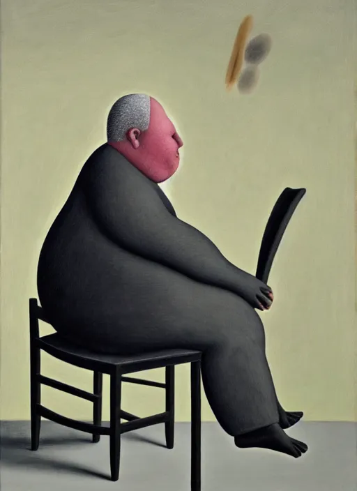 Image similar to fat man sitting on chair, sweat, fat, frustrated, art by gertrude abercrombie