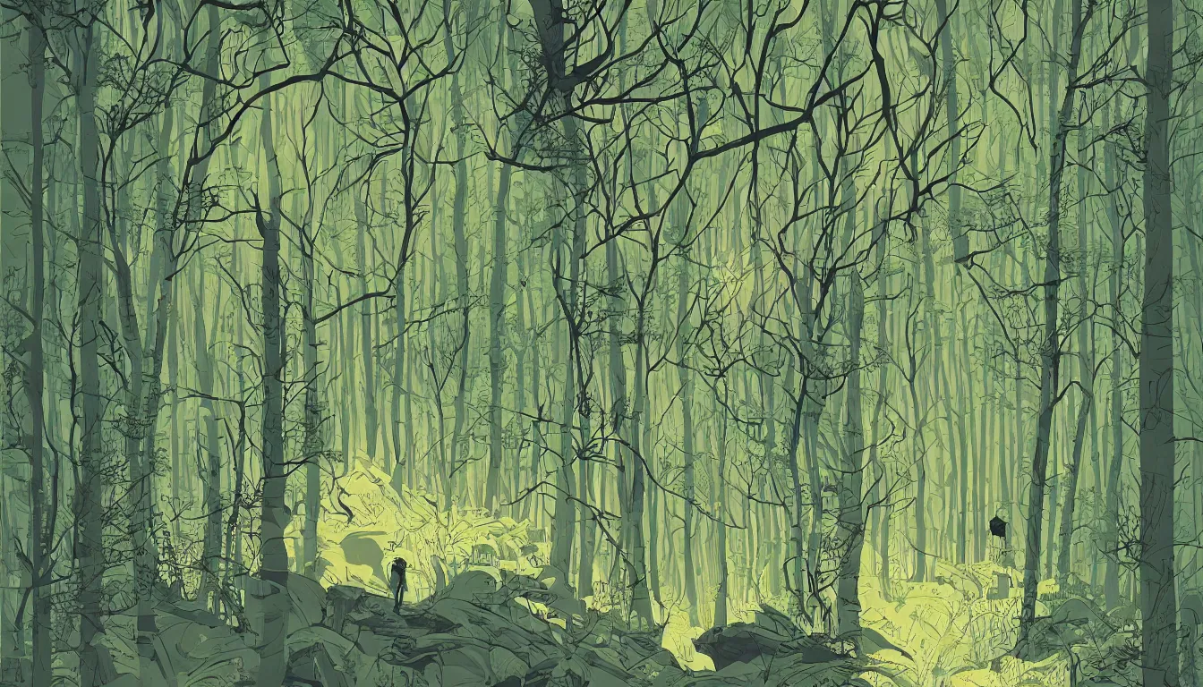 Prompt: hiking through the forest by Kilian Eng, minimalist, detailed