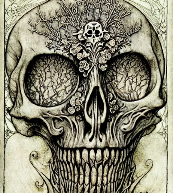 Image similar to memento mori by arthur rackham, art forms of nature by ernst haeckel, exquisitely detailed, art nouveau, gothic, ornately carved beautiful skull dominant, intricately carved antique bone, art nouveau botanicals, ornamental bone carvings, art forms of nature by ernst haeckel, horizontal symmetry, arthur rackham, ernst haeckel, symbolist, visionary