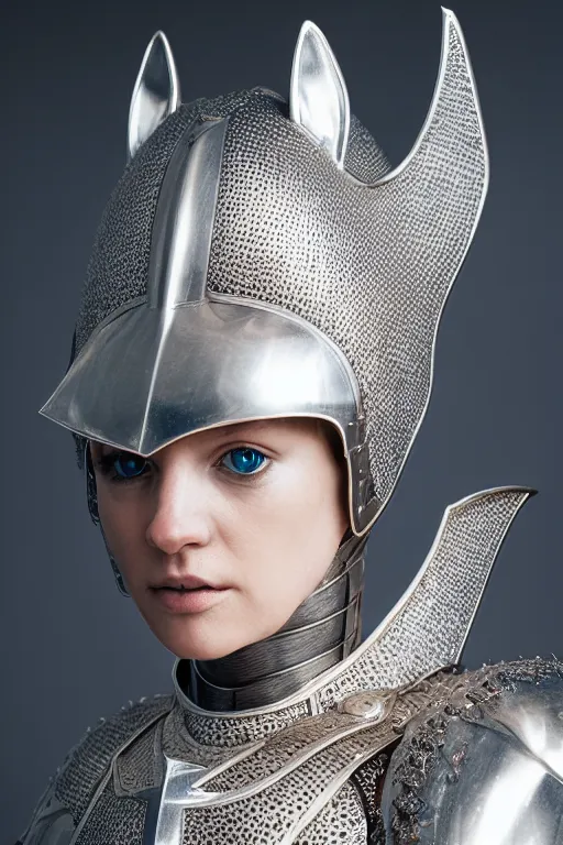 Image similar to female knight wearing a real cat on her head, armor designed by wayne barlowe, swarovski and tiffany, blonde hair, symmetry, sci - fi, cinematic, elegant, luxury, perfect light, perfect composition, dlsr photography, sharp focus, dark fantasy, 8 k, ultra hd, sense of awe, highly detailed, realistic, intricate