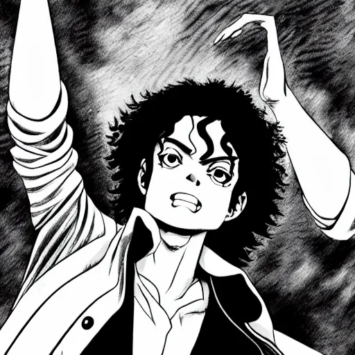 Image similar to manga panel of michael jackson in the style of kentaro miura, 8 k, 4 k, masterpiece, trending on artstation