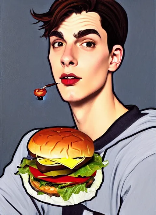 Image similar to oil painting, teenage jughead jones, wears a light grey crown, and devours a hamburger, intricate, elegant, highly detailed, pinocchio nose, lighting, painting, artstation, smooth, illustration, art by greg rutowski and alphonse mucha