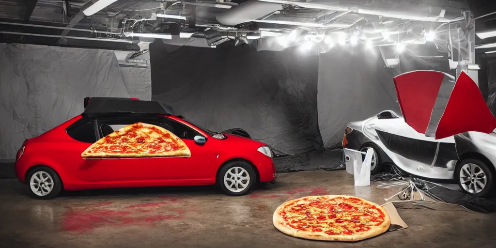 Prompt: A car with a pizza wrap, photoshoot, studio lighting, garage