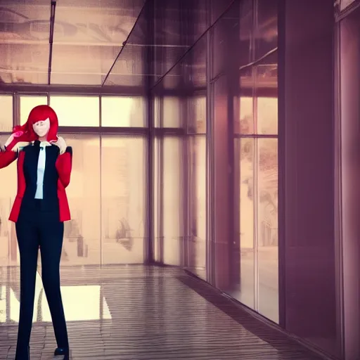 Prompt: photo of a woman with red hair wearing a formal slightly open formal business suit, trending on instagram, full body, ultra - hd, hcl, 1 2 - bit, ar, volumetric lighting, opaque, optics, lumen reflections, vfx, insanely detailed and intricate, super detailed