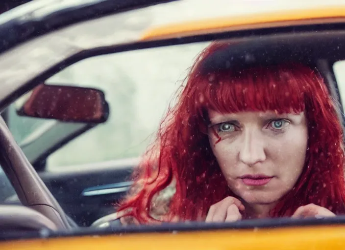 Image similar to A very high resolution image from a new movie, inside of a car, red hair woman, raining, hot, directed by wes anderson