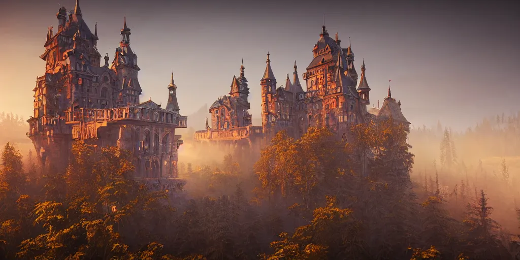Prompt: a highly detailed photo of a steampunk castle surrounded by a mist shot during golden hour on 3 0 mm film painted by alena aenami, rendered in unreal engine