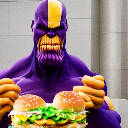 Image similar to Thanos eating a Big Mac, full shot, f/22, 35mm, backlit
