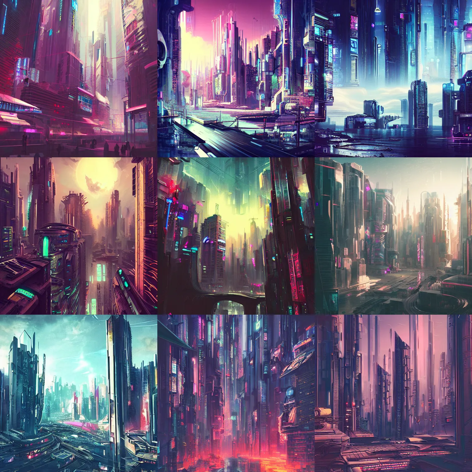 Prompt: aesthetic, cyberpunk city, arte cyberpunk, futuristic city, futuristic architecture, fantasy art landscapes, fantasy landscape, fantasy city