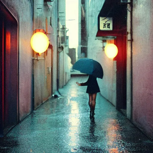 Image similar to 1990s perfect 8K HD professional cinematic photo of close-up japanese schoolgirl walking in dystopian alleyway with neon signs, at evening during rain, at instagram, Behance, Adobe Lightroom, with instagram filters, depth of field, taken with polaroid kodak portra