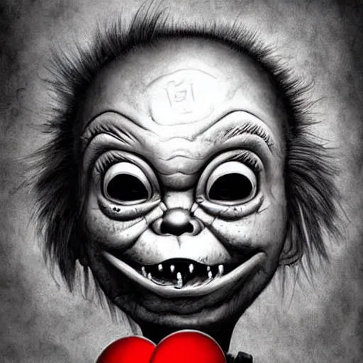 Image similar to surrealism grunge cartoon portrait sketch of chucky with a wide smile and a red balloon by - michael karcz, loony toons style, freddy krueger style, horror theme, detailed, elegant, intricate