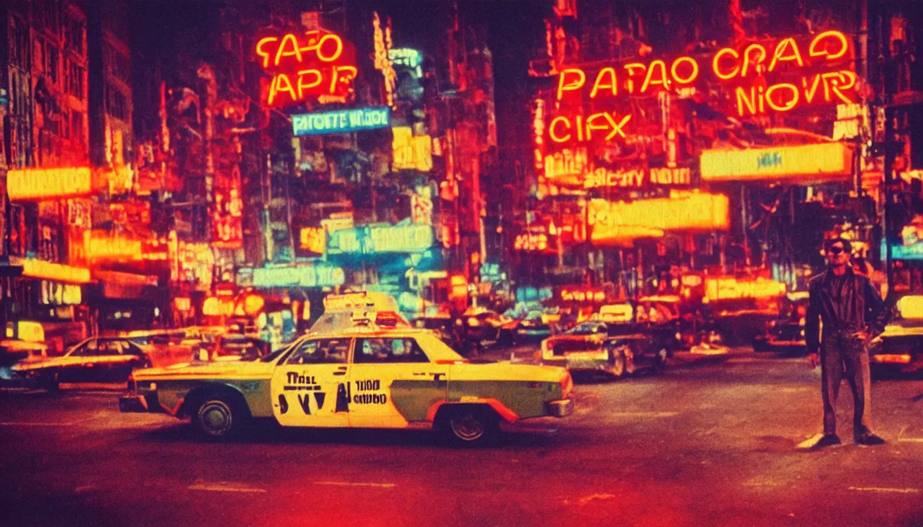 Prompt: 8 0 s polaroid photo, cinema still from movie taxi driver, sleazy man watching night streets, neon signs, colorful haze, americana, high production value, 8 k resolution, hyperrealistic, photorealistic, high definition, high details, tehnicolor, award - winning photography, masterpiece, amazing colors