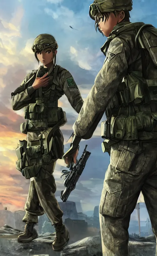 Image similar to girl, trading card front, future soldier clothing, future combat gear, realistic anatomy, concept art, professional, by ufotable anime studio, green screen, volumetric lights, stunning, military camp in the background, metal hard surfaces, focus on generate the face, tanny skin, strafing a10 warthog