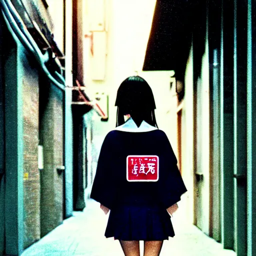 Image similar to 1990s perfect 8K HD professional cinematic photo of a japanese schoolgirl, in sci-fi alleyway at evening, at instagram, Behance, Adobe Lightroom, with instagram filters, depth of field, taken with polaroid kodak portra