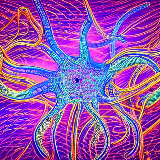 Prompt: highly detailed generative art, symmetrical neon octopus, string art by janusz jurek, background outer space nebulas by Pilar Gogar 4k HDR